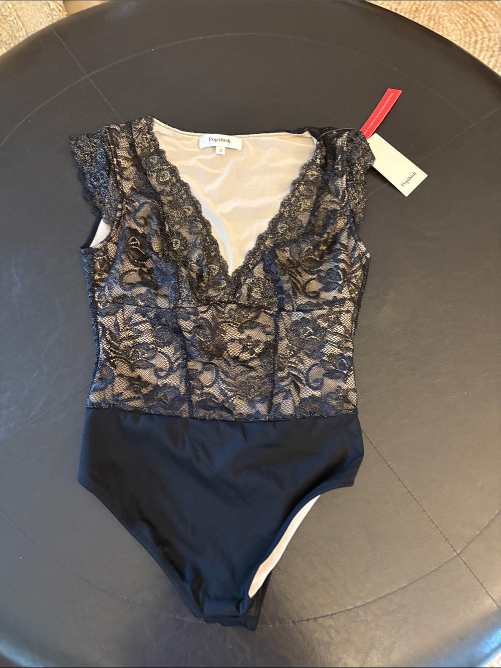 Poplinah Black Lace-Trim Bodysuit